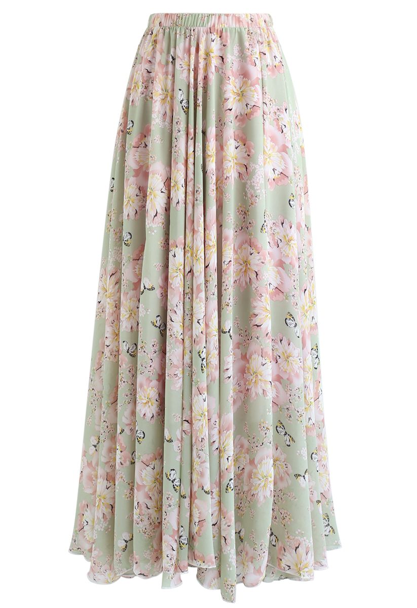 Falda larga de gasa con estampado de mariposas y flores en pistacho