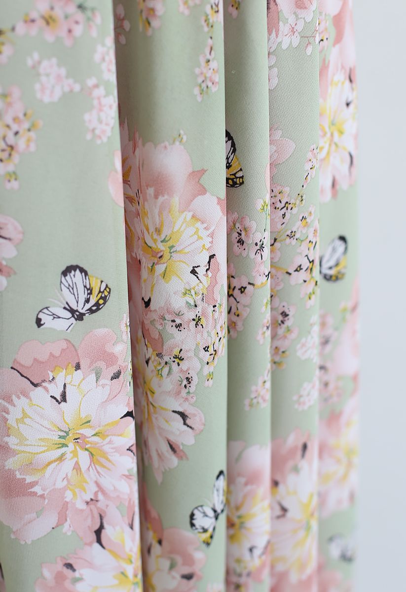 Falda larga de gasa con estampado de mariposas y flores en pistacho