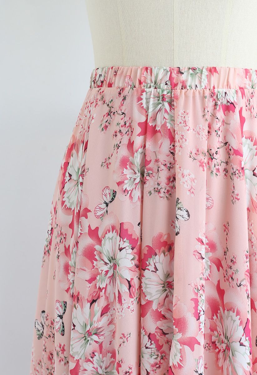 Falda larga de gasa con estampado de mariposas y flores en rosa