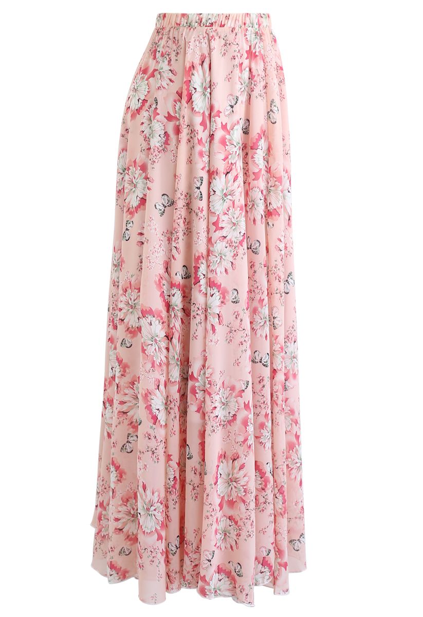 Falda larga de gasa con estampado de mariposas y flores en rosa