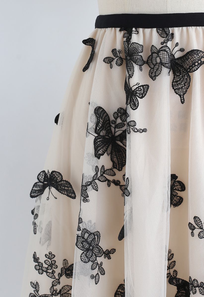 Falda midi de malla de doble capa 3D Butterfly en color crema