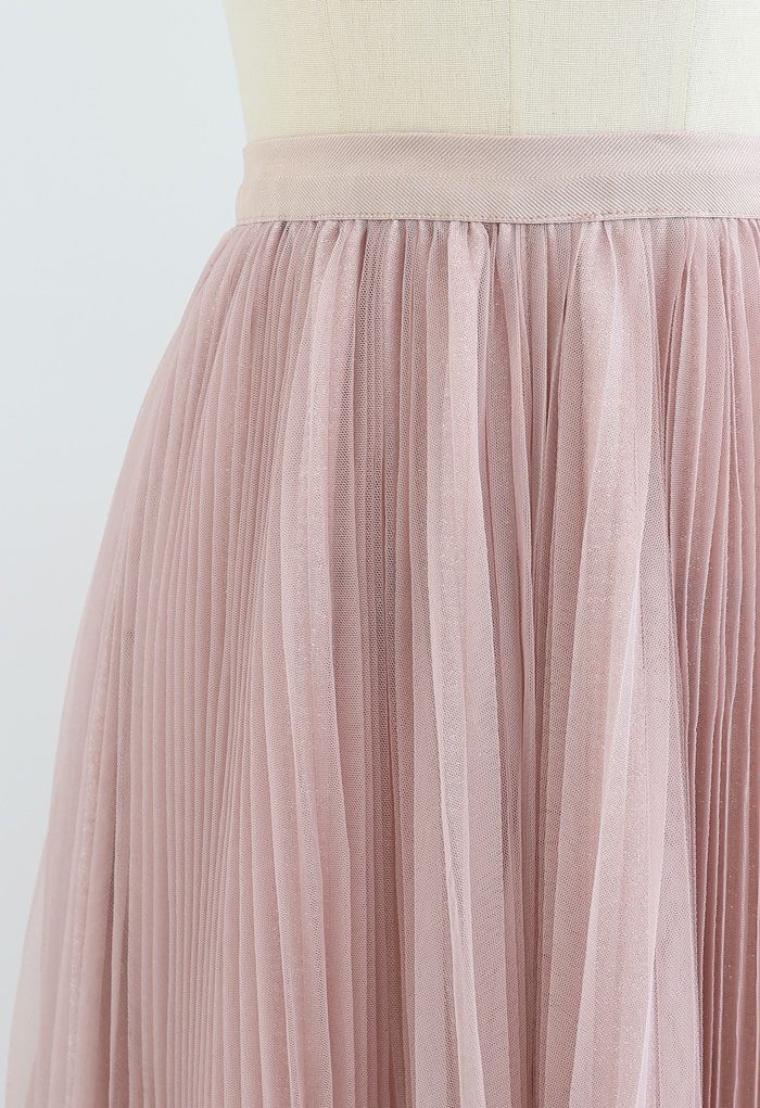 Falda midi plisada de malla brillante en rosa