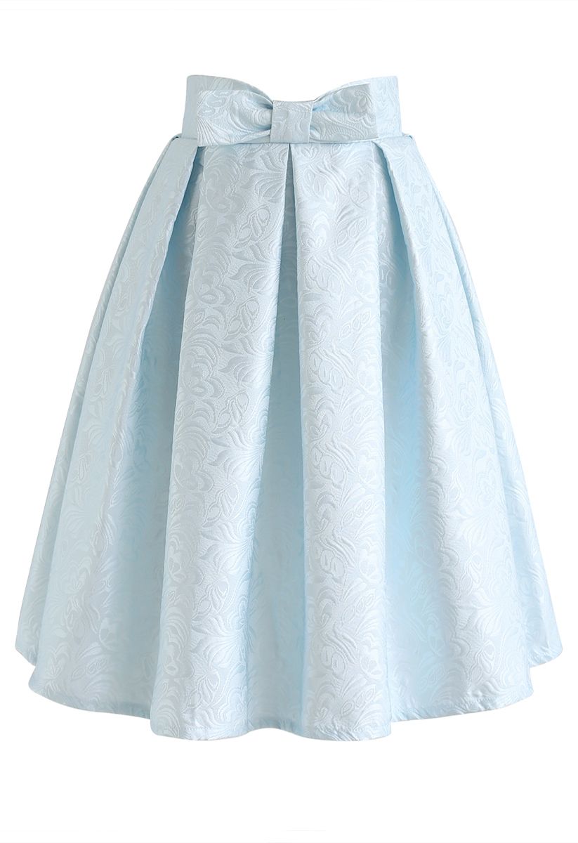 Falda midi de jacquard plisada con lazo en azul bebé