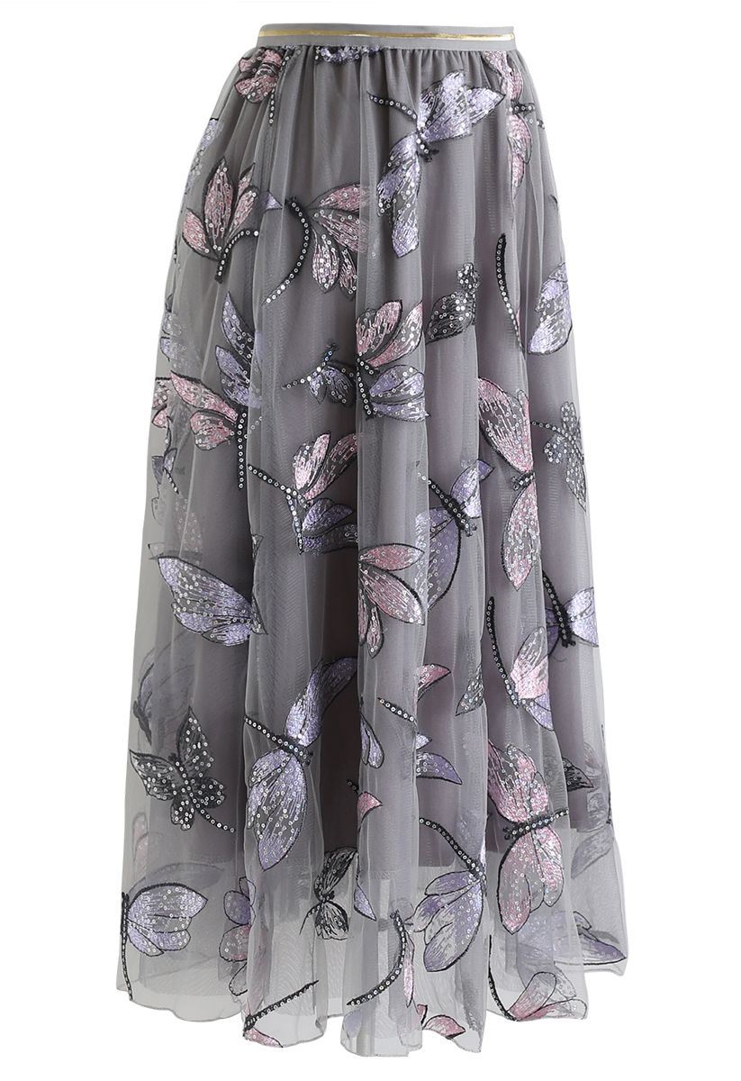 Falda de tul de malla con bordado de libélula de lentejuelas en gris