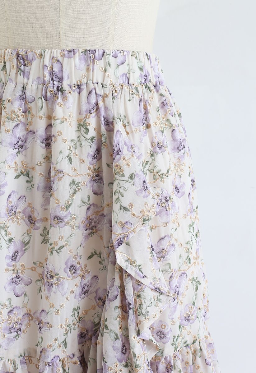 Falda de gasa bordada con ojales y volantes con estampado floral en lila