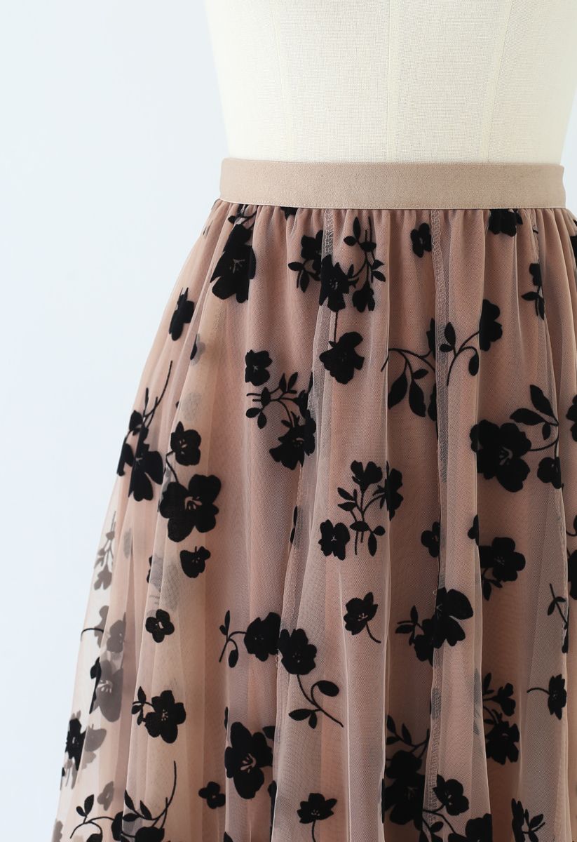 Falda midi de malla de doble capa 3D Posy en color caramelo