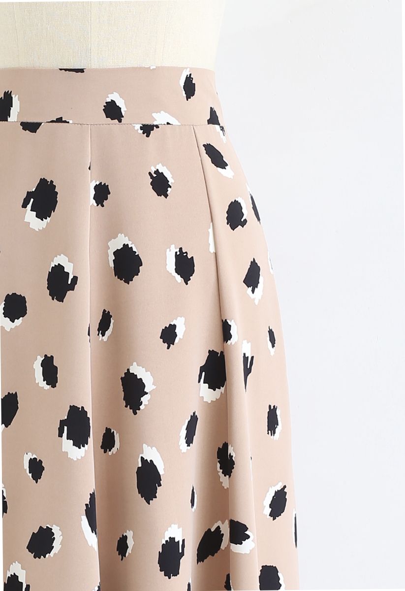 Falda midi bicolor con estampado de lunares irregulares en tostado