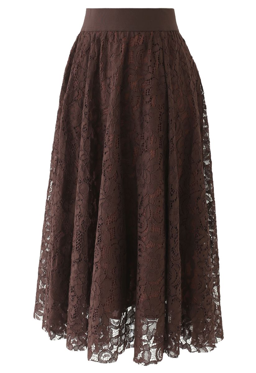 Falda midi de encaje floral completo en marrón