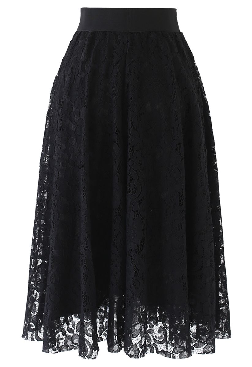Falda midi de encaje floral completo en negro
