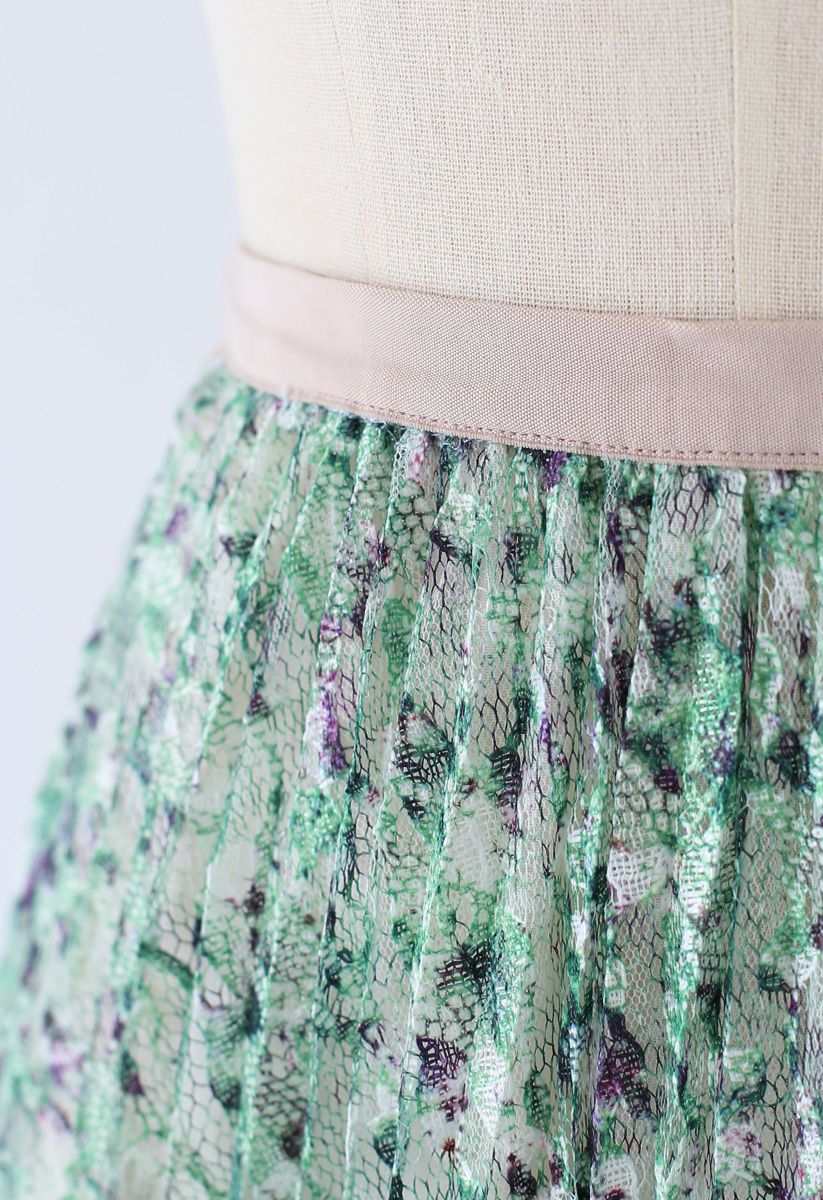 Falda midi plisada de encaje de jardín verde