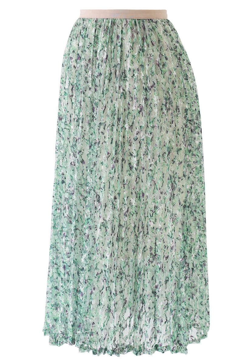 Falda midi plisada de encaje de jardín verde