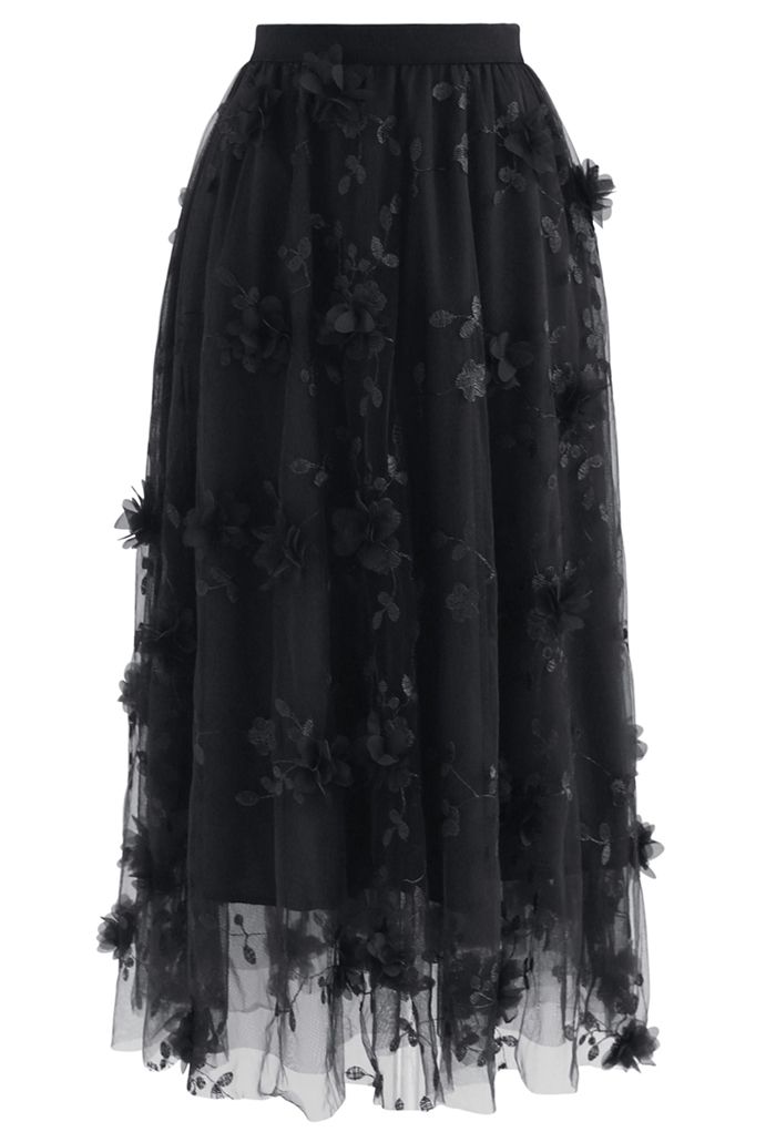 Falda midi de tul con bordado de flores de malla 3D en negro