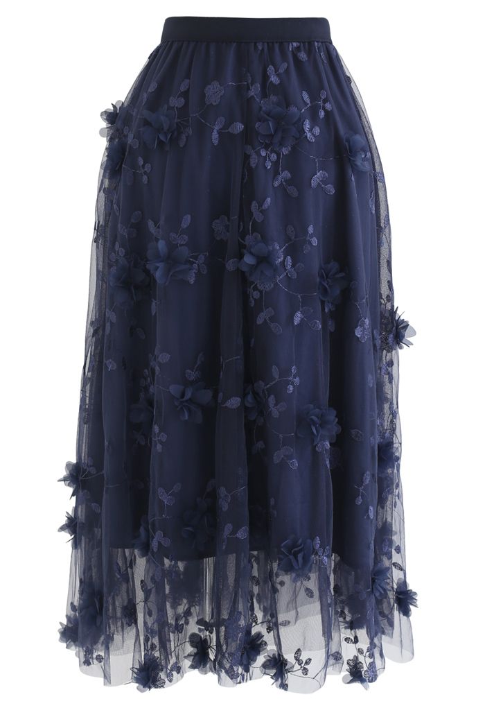 Falda midi de tul con bordado de flores de malla 3D en azul marino