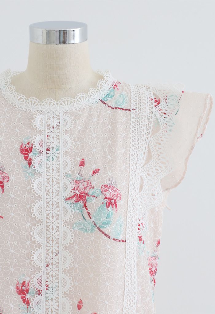 Top sin mangas bordado de crochet ondulado con estampado floral en rosa claro