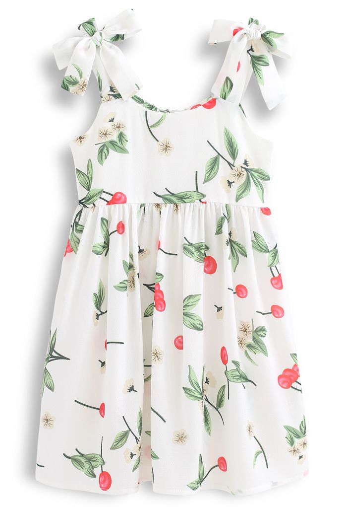 Cherry Print Tie Shoulder Midi Dress for Kids