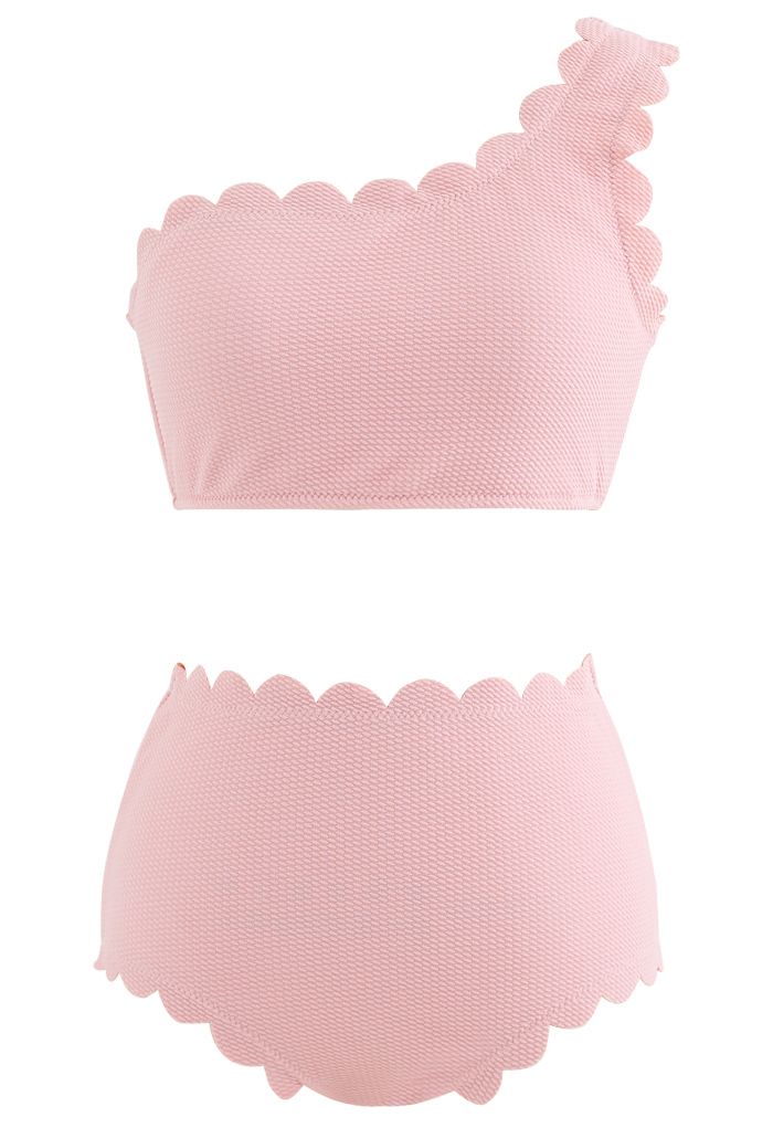 Conjunto de bikini festoneado de un solo hombro en rosa