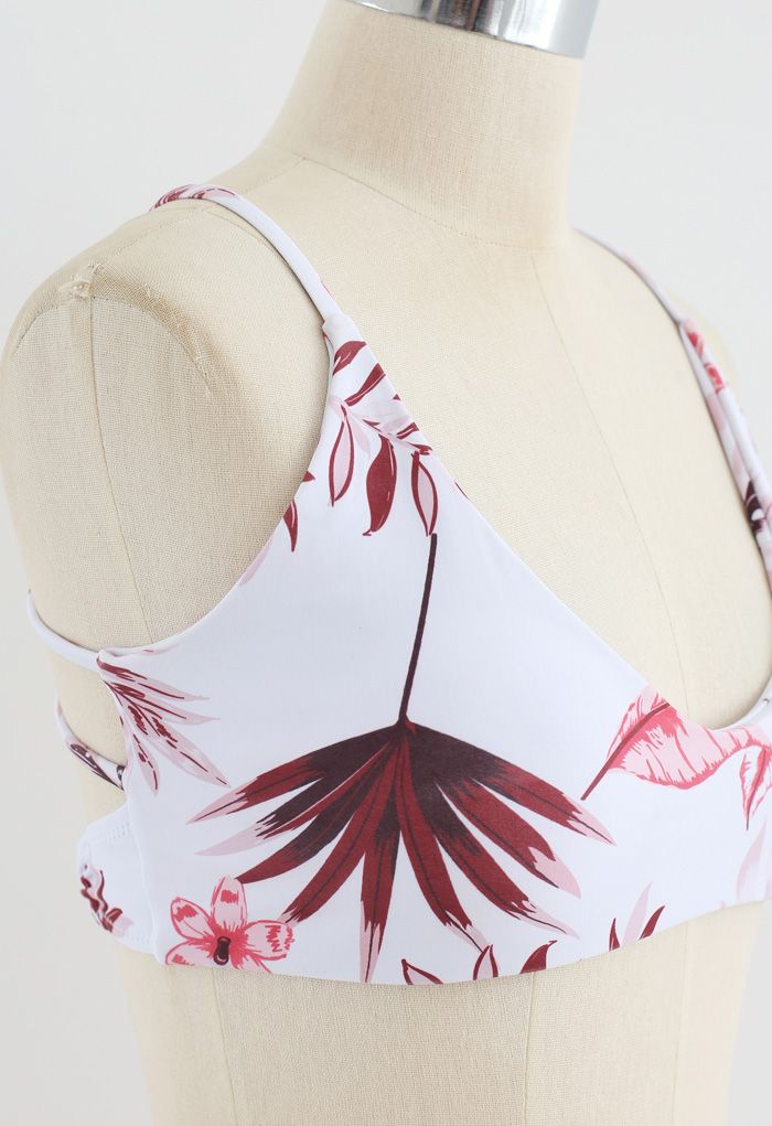 Conjunto de bikini con espalda abierta y estampado de hojas en burdeos