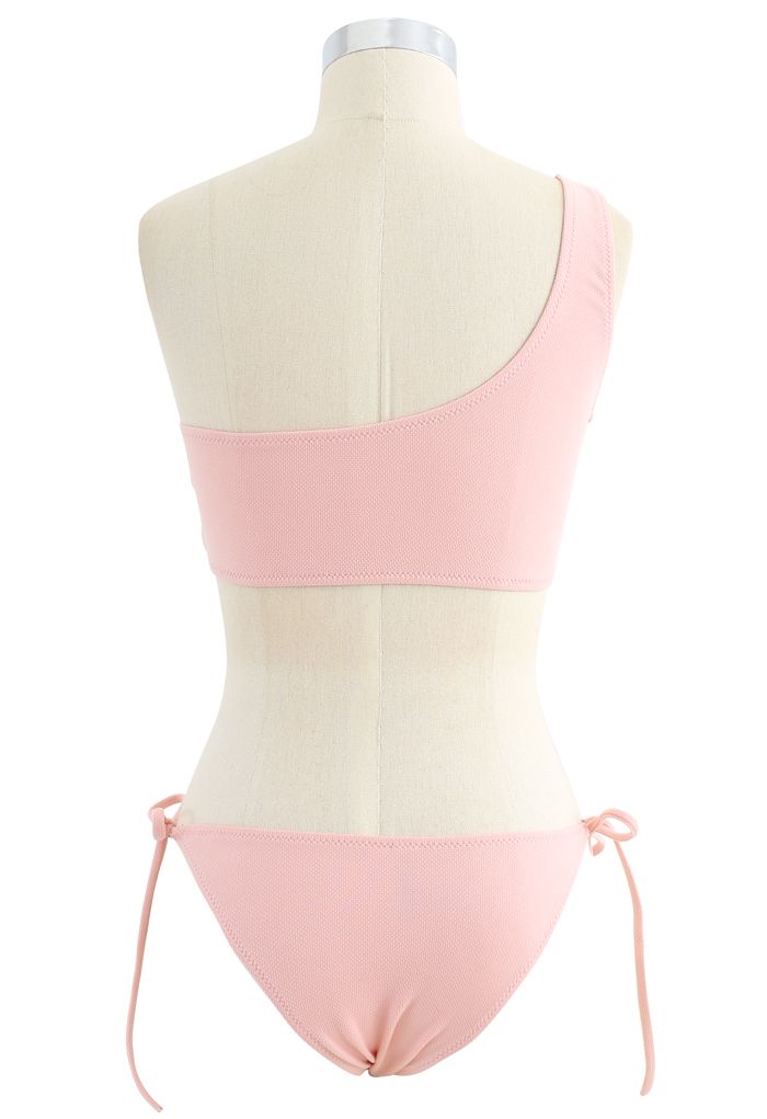 Conjunto de bikini de talle bajo con un hombro anudado en el lateral en rosa