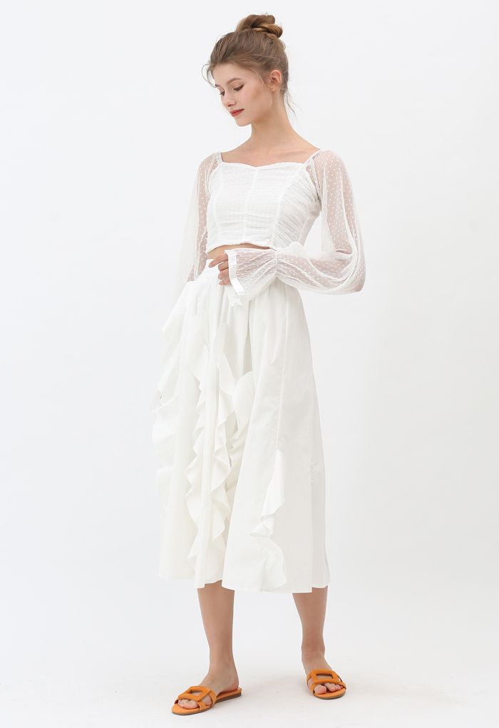 Falda midi de algodón con ribete de volantes en blanco