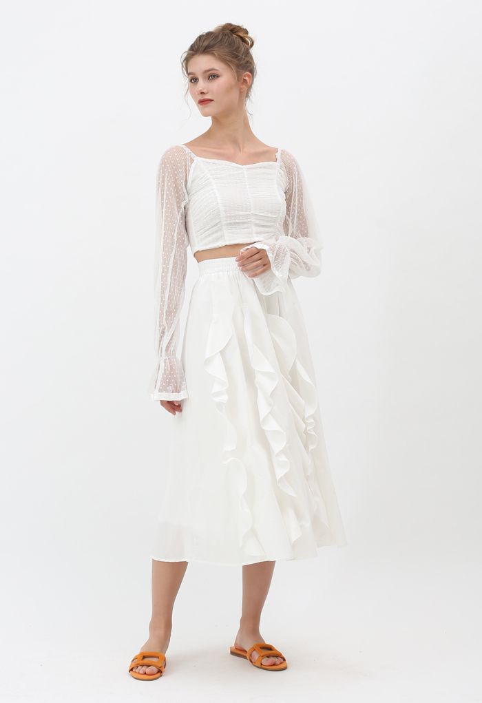 Falda midi de algodón con ribete de volantes en blanco