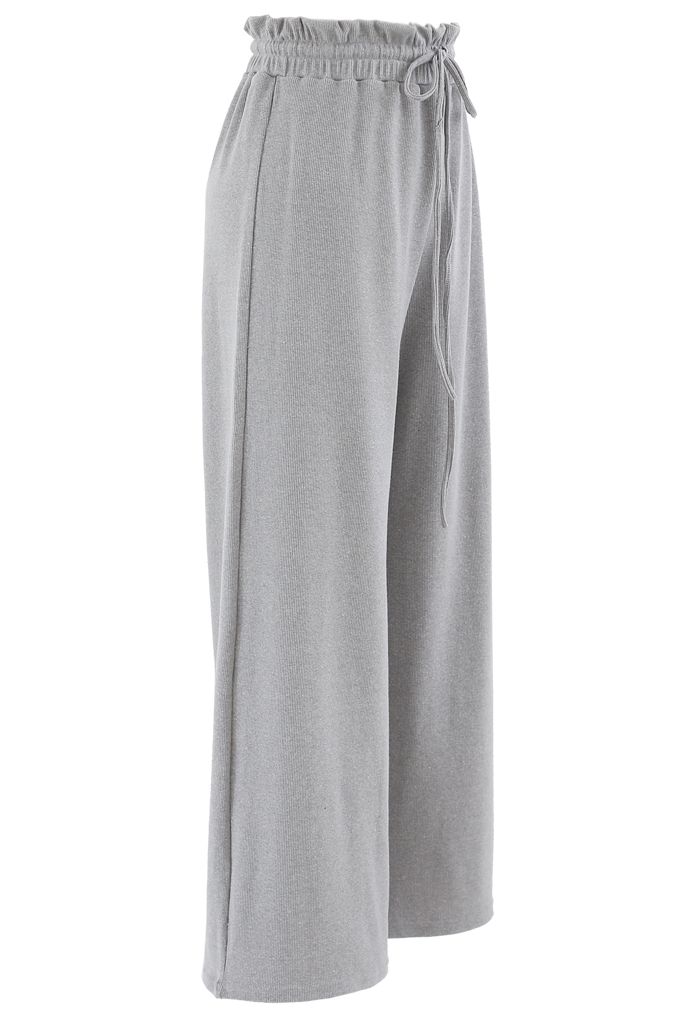 Pantalones de yoga acanalados con cintura de bolsa de papel con cordón en gris