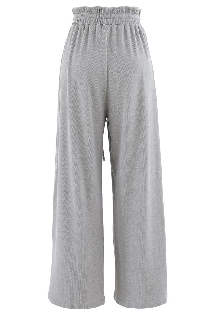 Pantalones de yoga acanalados con cintura de bolsa de papel con cordón en gris