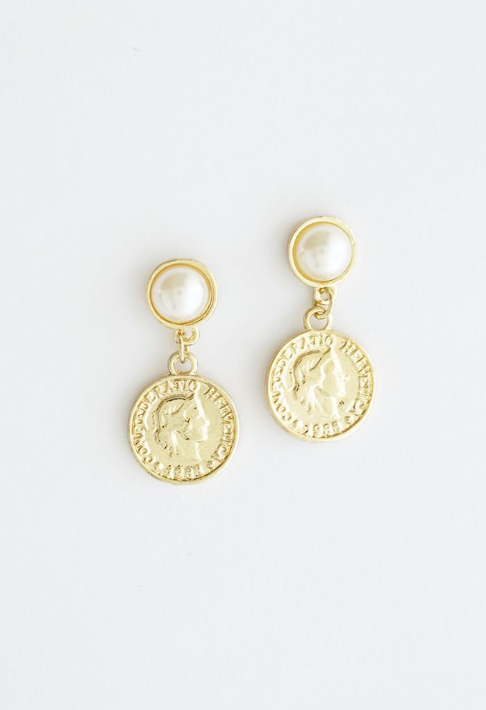 Pendientes colgantes con perla y monedas de oro vintage