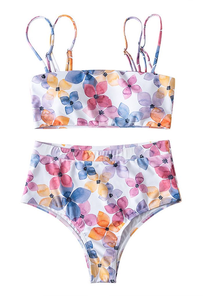 Conjunto de bikini de talle alto con tiras dobles florales multicolores