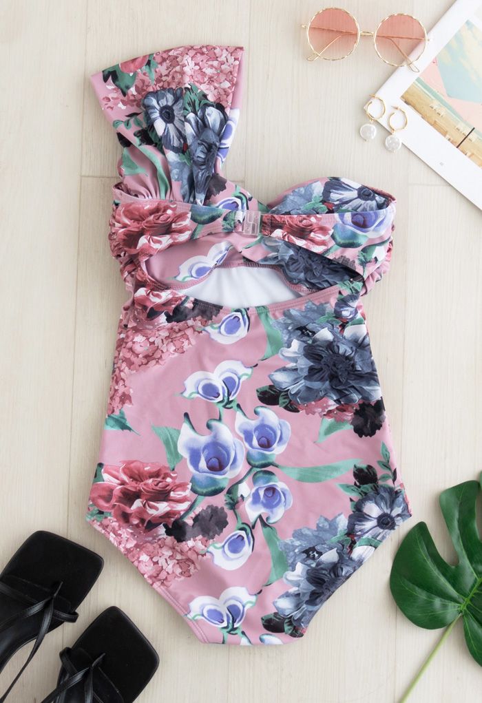 Traje de baño de una pieza con un solo hombro y estampado floral dulce nudo