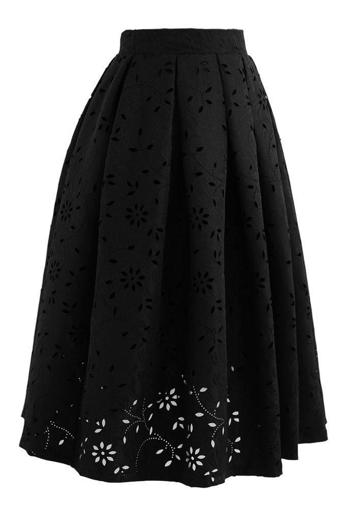 Falda midi de jacquard con corte floral en negro