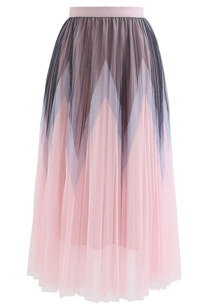Falda midi de tul plisado de doble capa en zigzag en rosa