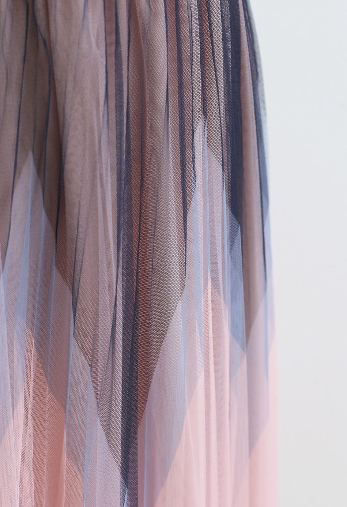 Falda midi de tul plisado de doble capa en zigzag en rosa