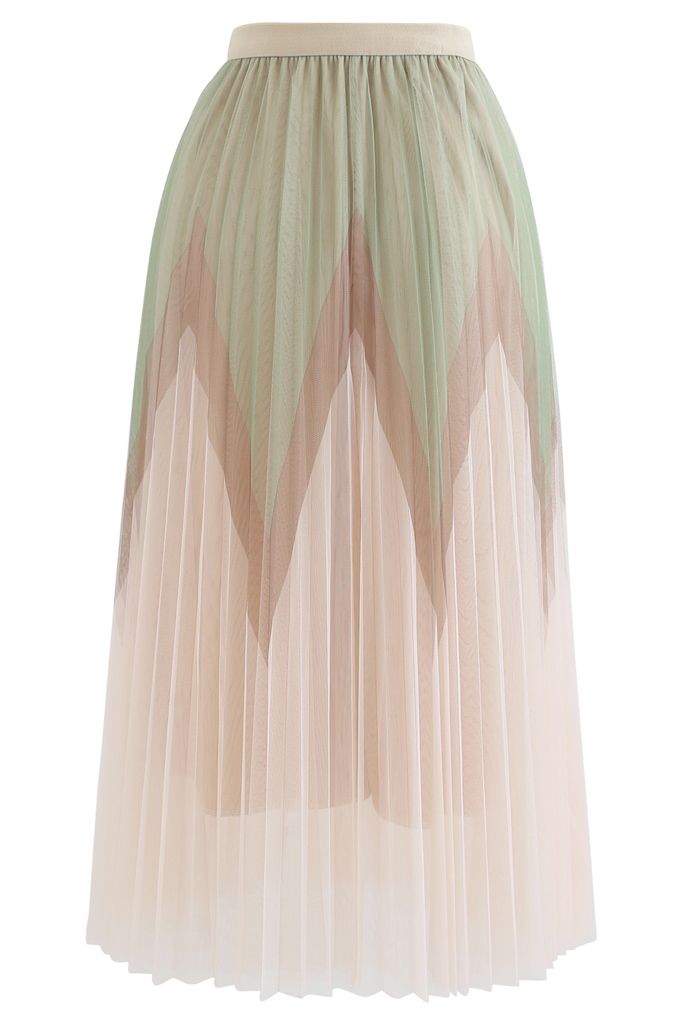 Falda midi de tul plisada de doble capa en zigzag en color crema