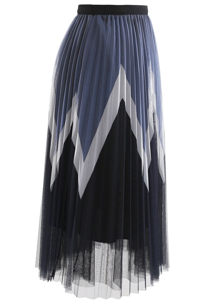 Falda midi de tul plisada de doble capa en zigzag en negro