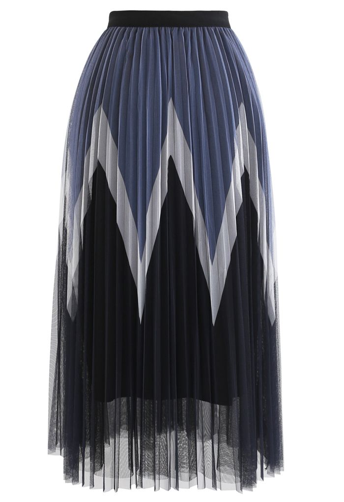 Falda midi de tul plisada de doble capa en zigzag en negro