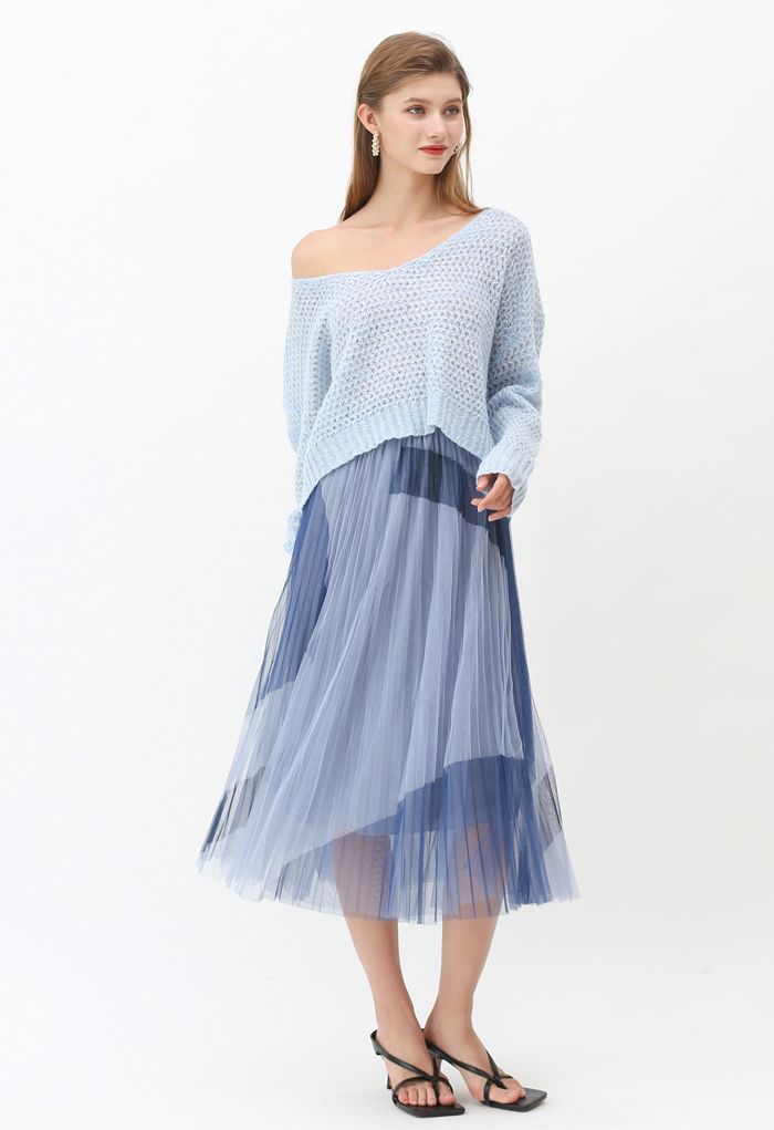 Falda de malla de doble capa con bloques de color en azul polvoriento