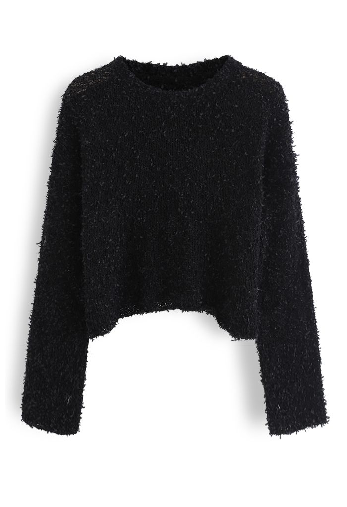 Suéter de punto calado esponjoso recortado en negro