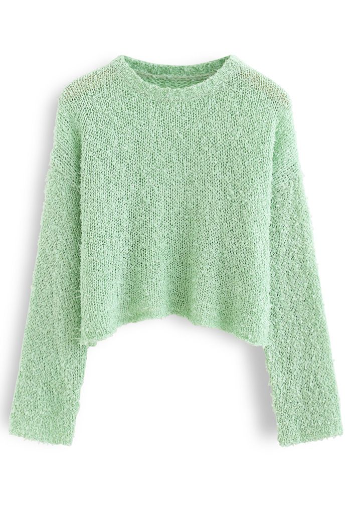 Suéter de punto calado esponjoso recortado en verde guisante