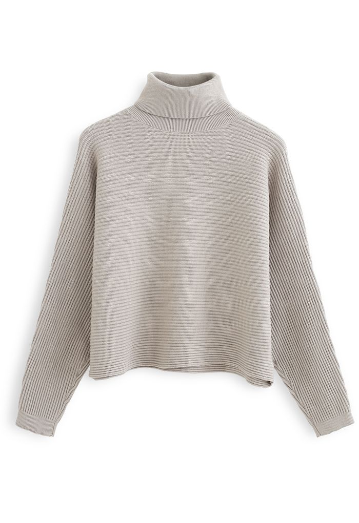 Suéter corto con cuello desbocado de punto acanalado básico en color arena