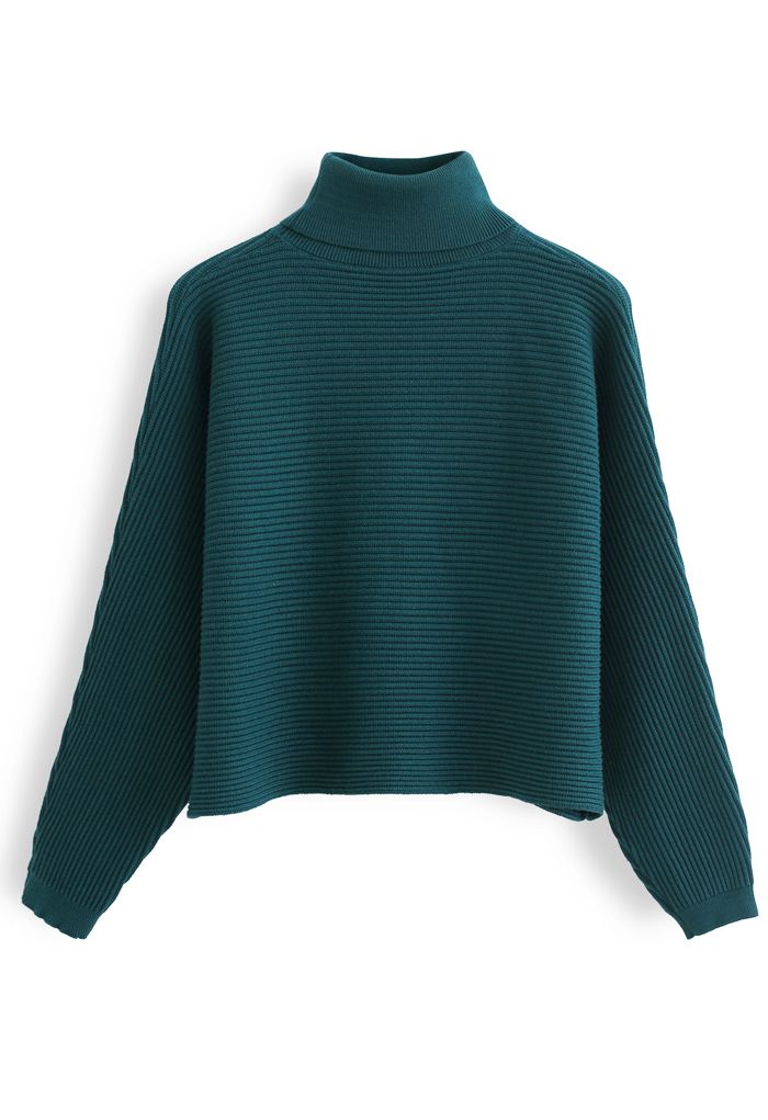 Suéter corto con cuello desbocado de punto acanalado básico en verde oscuro