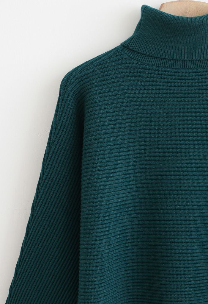 Suéter corto con cuello desbocado de punto acanalado básico en verde oscuro