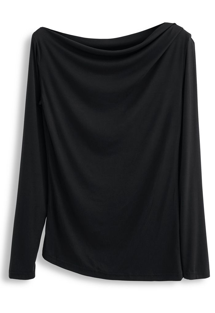 Top de manga larga con cuello drapeado en negro