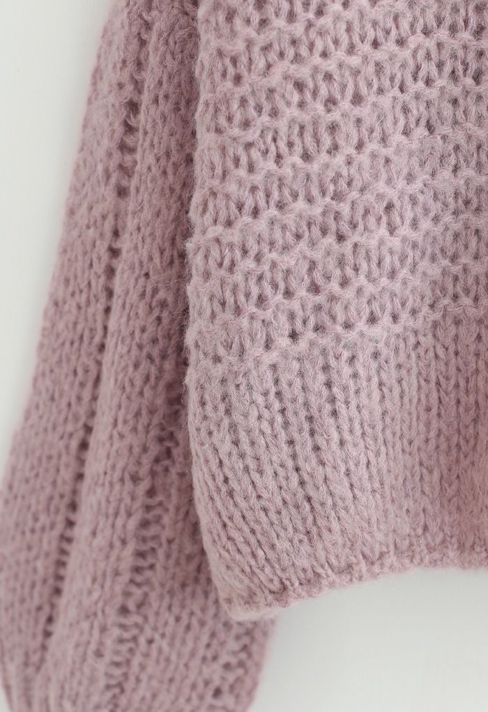 Suéter corto calado de punto esponjoso en rosa polvoriento