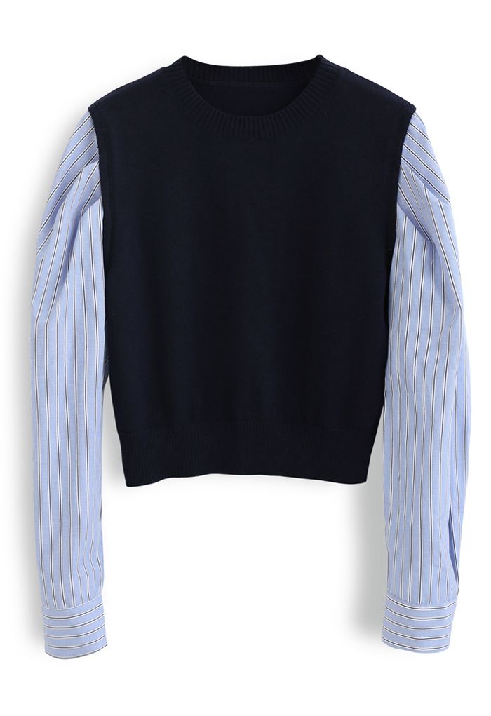 Suéter de punto con panel de mangas a rayas en azul marino
