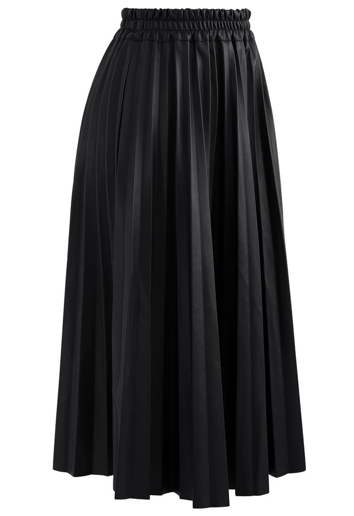 Falda midi plisada de piel sintética en negro
