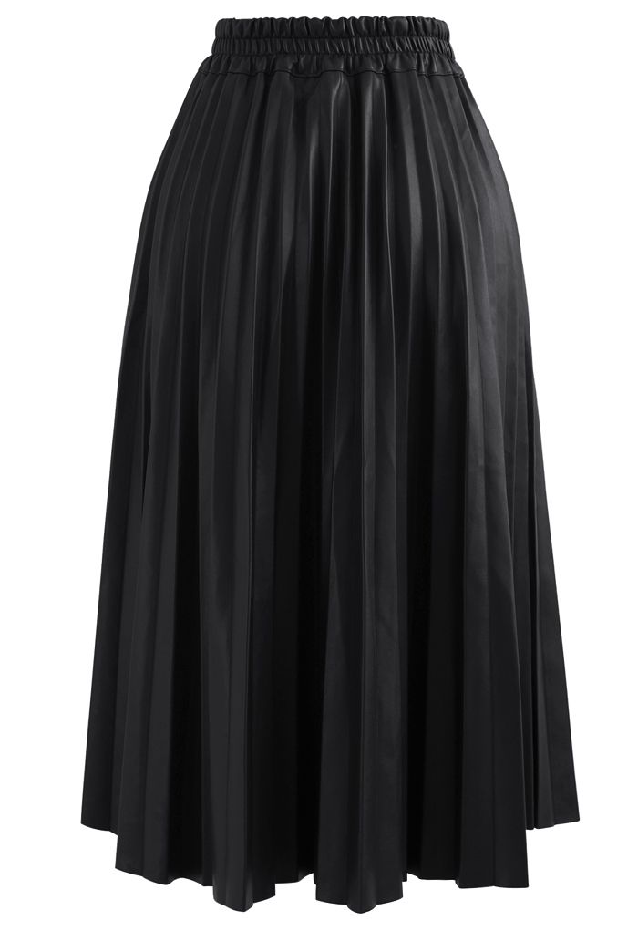Falda midi plisada de piel sintética en negro