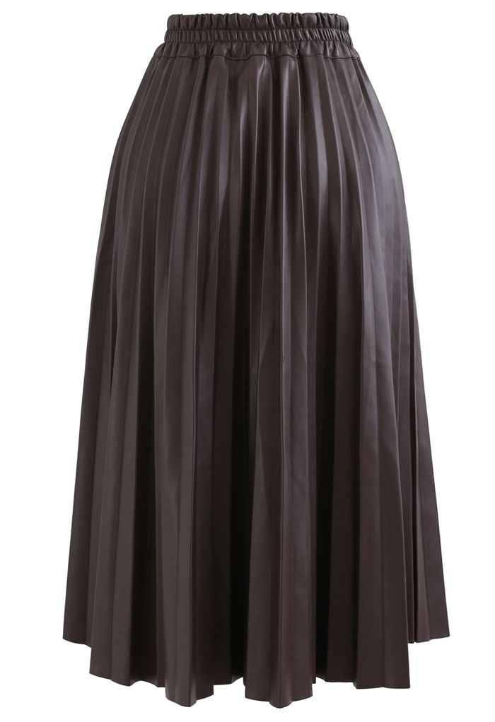 Falda midi plisada de piel sintética en marrón