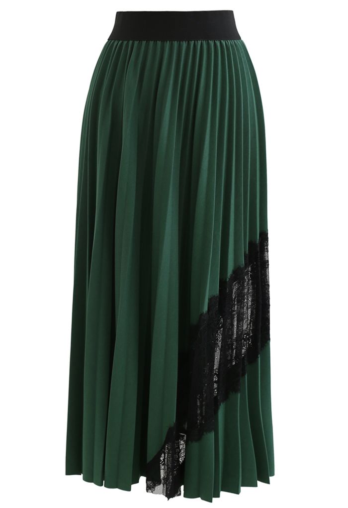 Falda larga plisada con inserción de encaje en verde