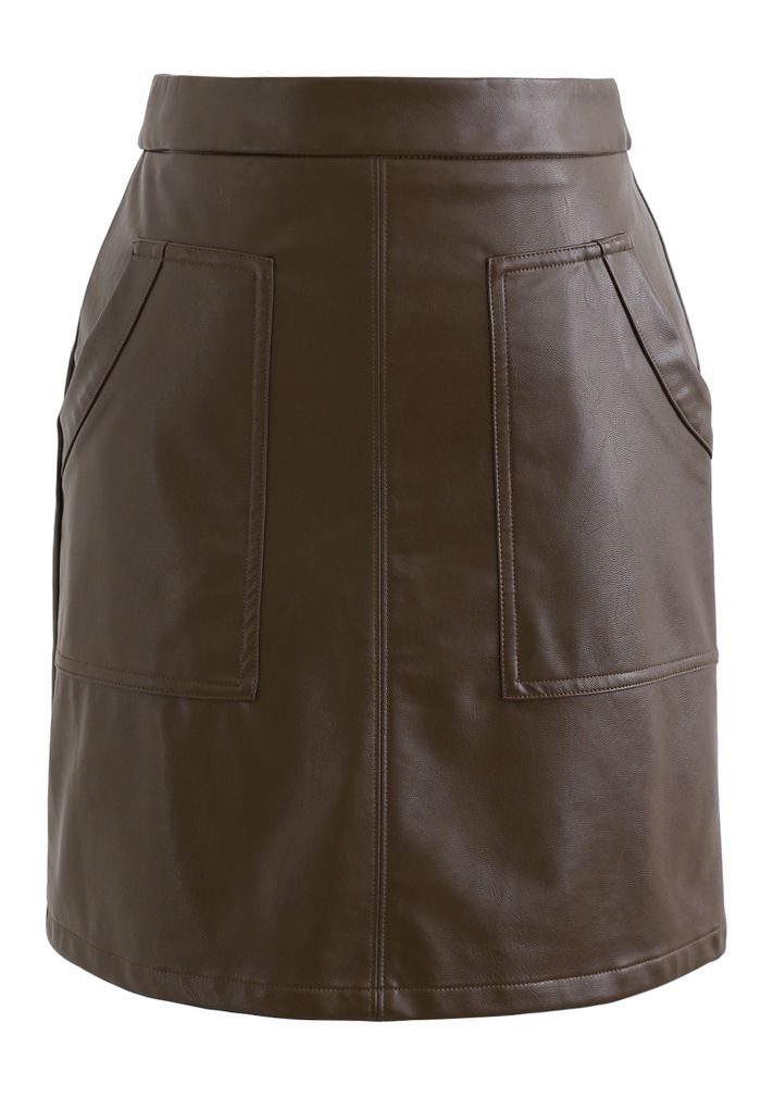Falda Bud de piel sintética con bolsillos en marrón