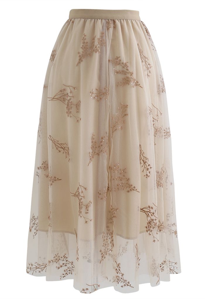 Falda midi de malla de ramo bordado con lentejuelas en tostado